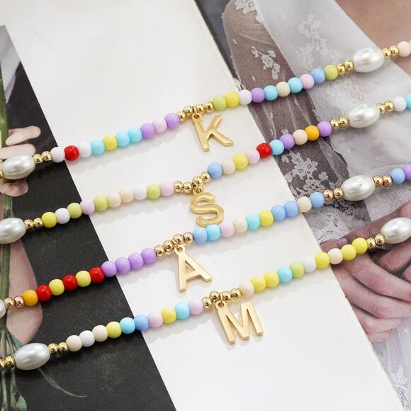 Personalized 14K Gold Plated Initial Necklace with Colorful Beads for Girls - Picture 6 of 7